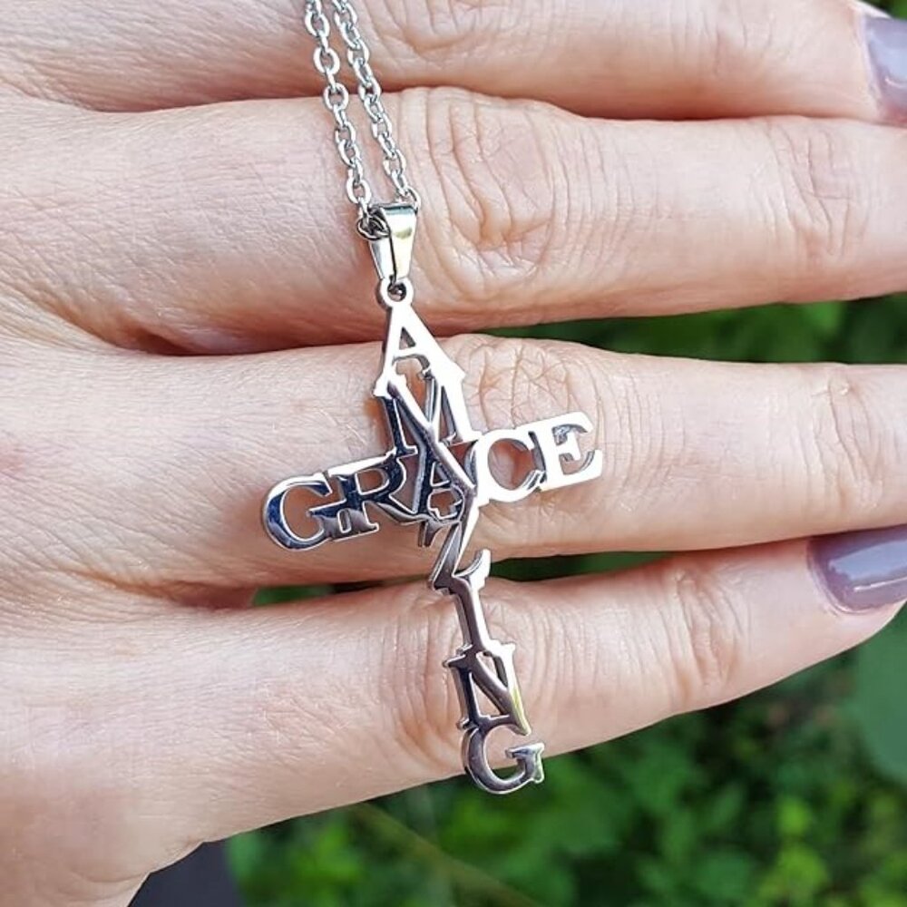 Stainless Steel Amazing Grace Cross Necklace - Silver, Christian Faith,‎ Church